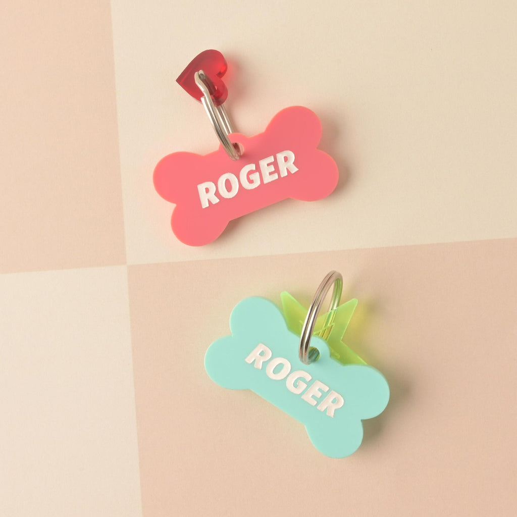 Two bone-shaped acrylic pet ID tags on a checkered background. The top tag is pink, personalized with the name 'ROGER,' and has a small red heart charm. The bottom tag is mint green, also personalized with 'ROGER,' and has a neon star charm positioned behind it. Bones Day, Bone shaped Dog Tag, Personalized Pet Tag, Cat and Dog ID Tag