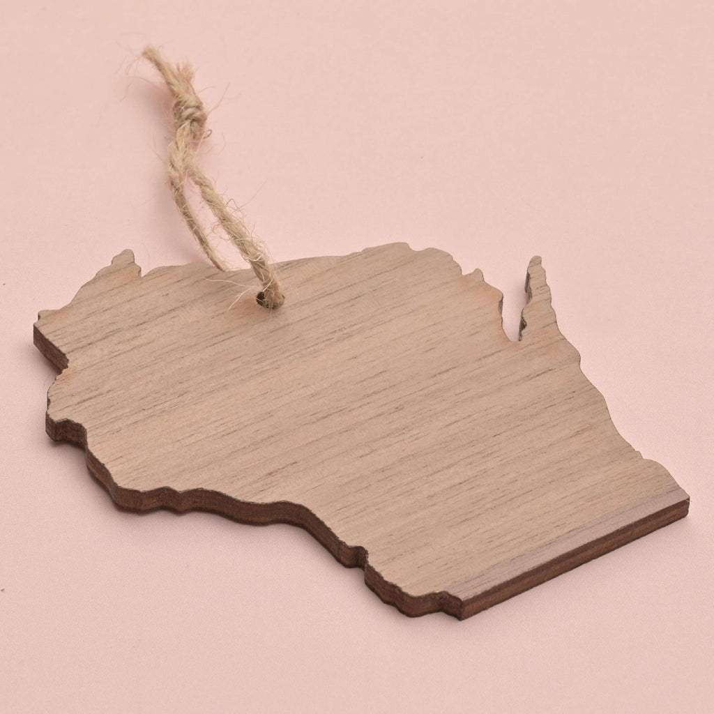 Close-up of a rustic wooden ornament shaped like the state of Wisconsin with a twine hanger, displayed on a soft pink background.
