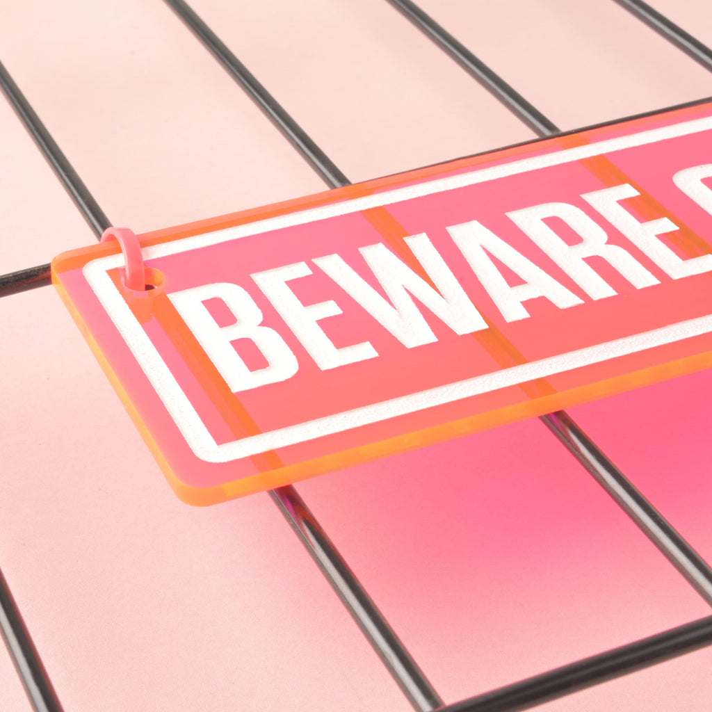Beware of Cuteness dog crate sign acrylic in fluorescent pink