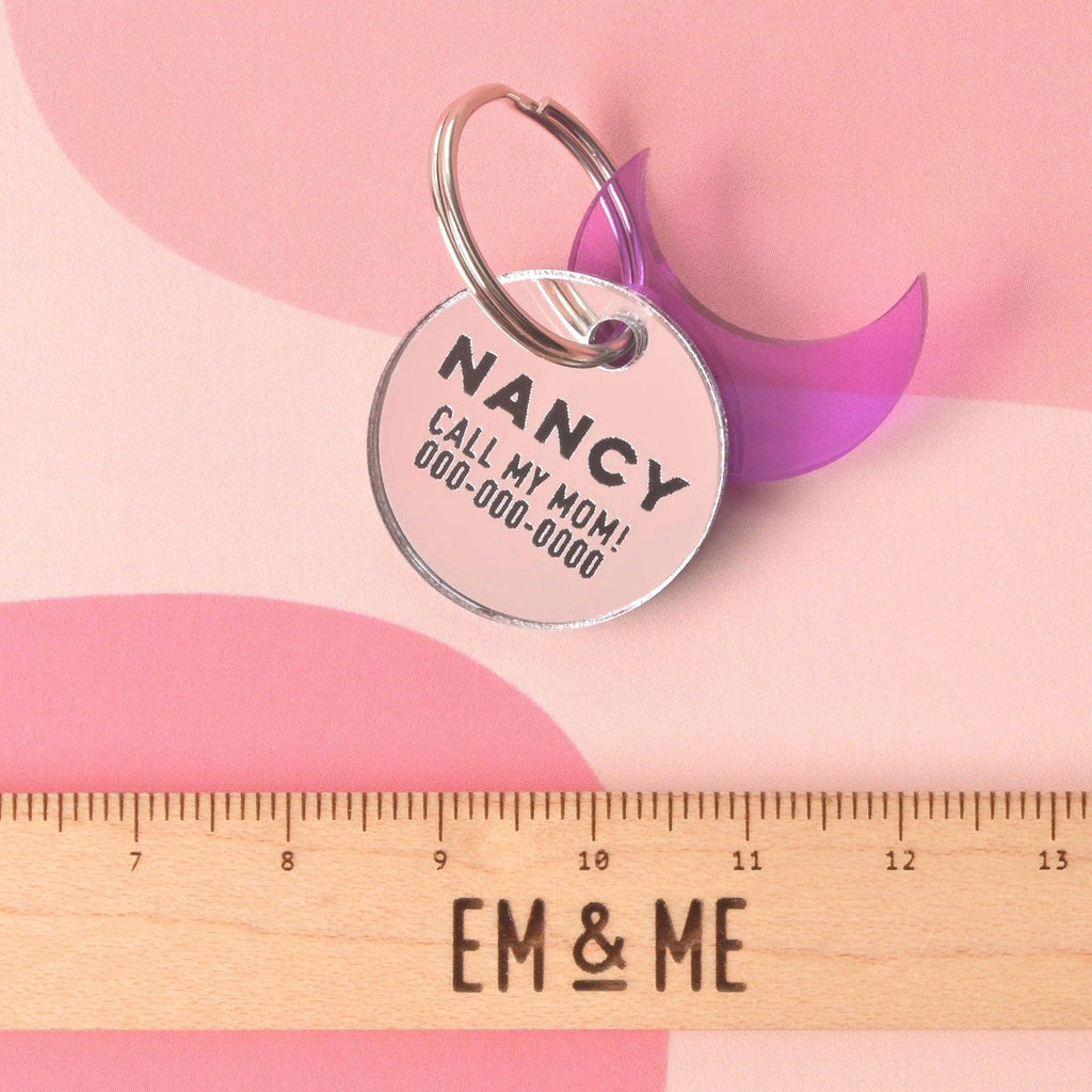 Bling Circle Glamour pet ID, Personalized reflective mirror pet tag, Minimal Small Circle Personalized Pet Tag