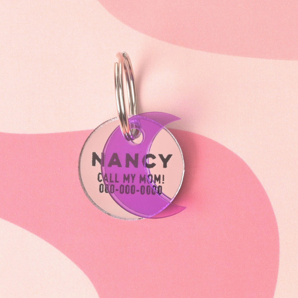 Bling Circle Glamour pet ID, Personalized reflective mirror pet tag, Minimal Small Circle Personalized Pet Tag