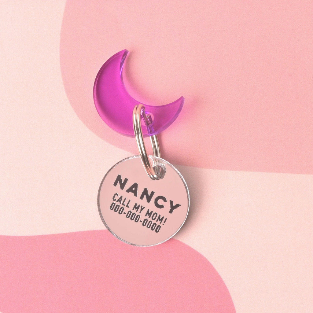 Bling Circle Glamour pet ID, Personalized reflective mirror pet tag, Minimal Small Circle Personalized Pet Tag