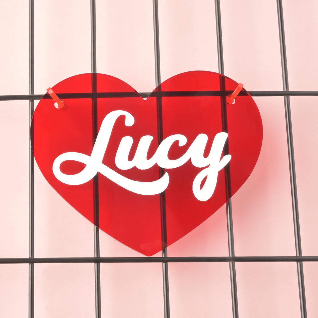 Red acrylic heart pet name tag attached to a wire crate, white script name “Lucy” shown as personalization sample.