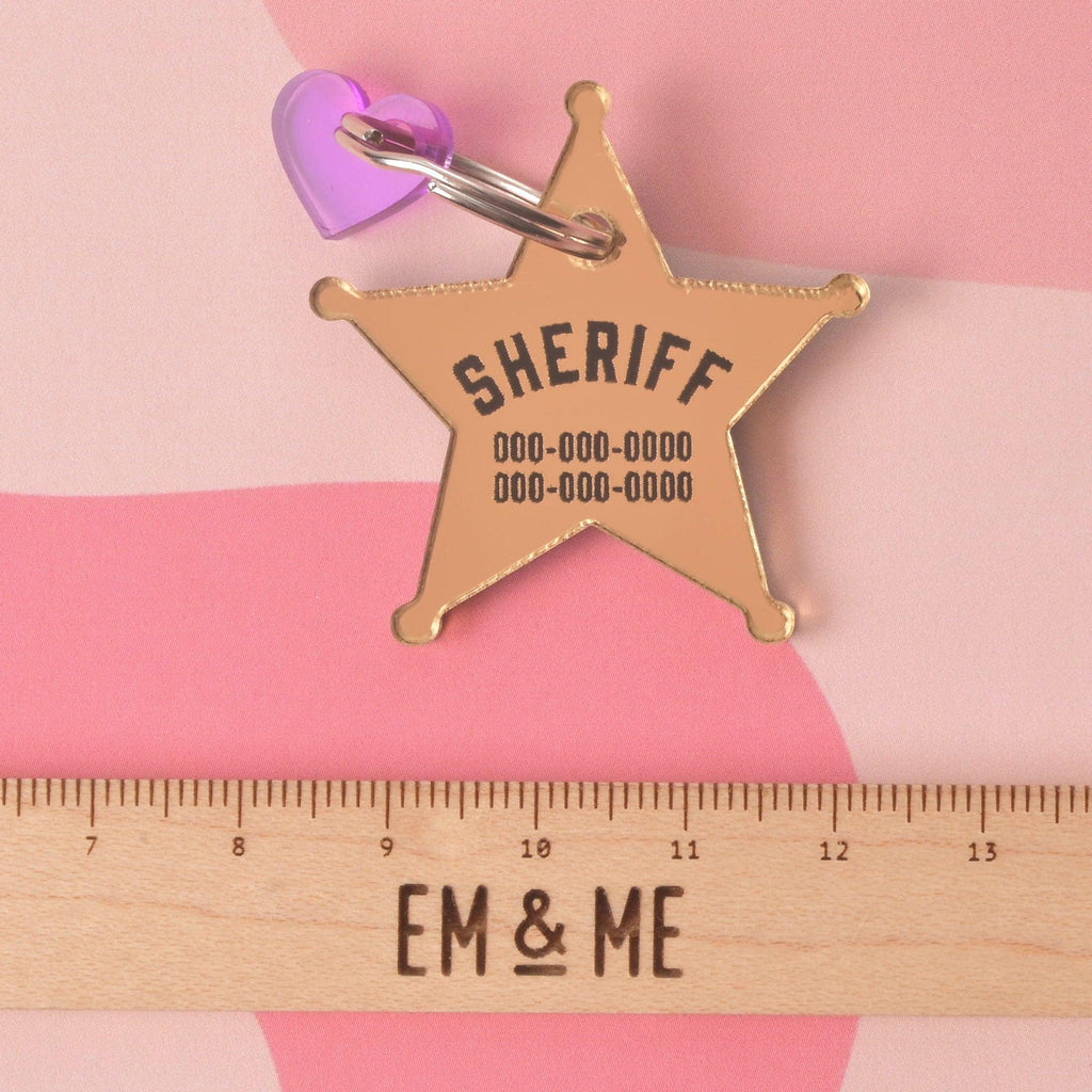 Flashy Sheriff Star Pet ID, Personalized reflective mirror pet tag