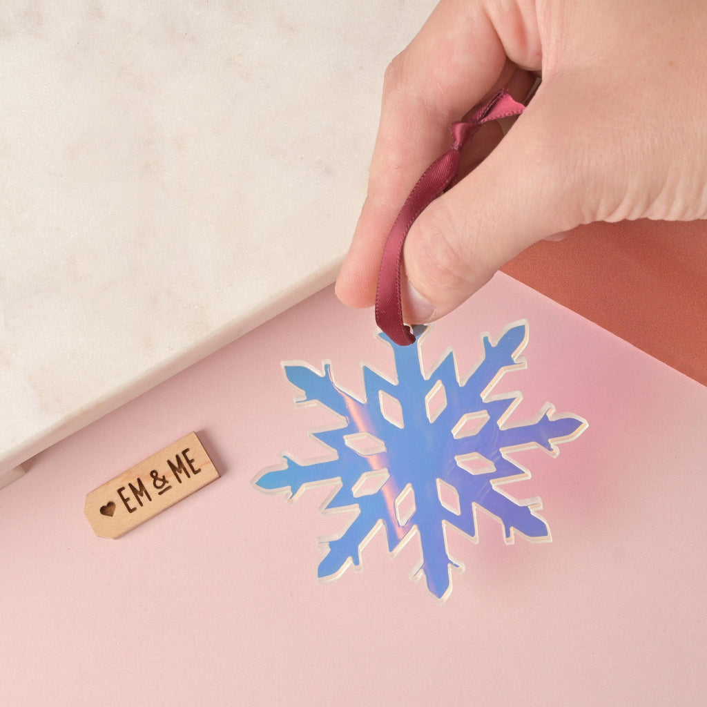 Snowflake Ornament, Clear Holographic Iridescent, Minimal Simple Christmas Decor