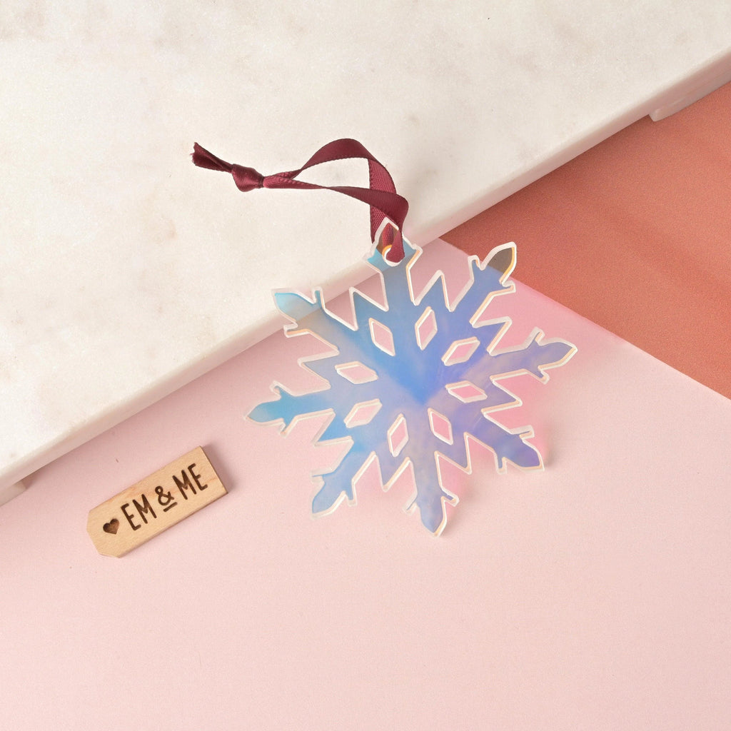 Snowflake Ornament, Clear Holographic Iridescent, Minimal Simple Christmas Decor