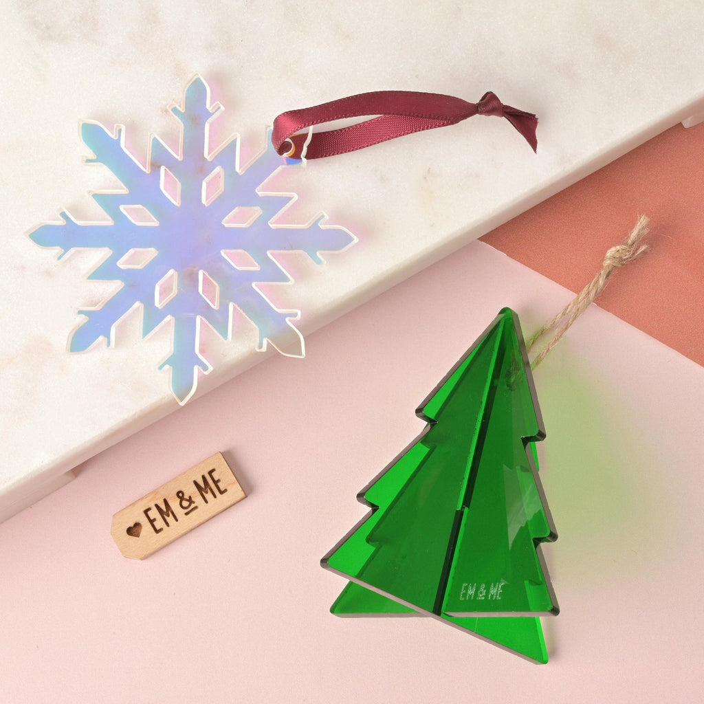 Snowflake Ornament, Clear Holographic Iridescent, Minimal Simple Christmas Decor