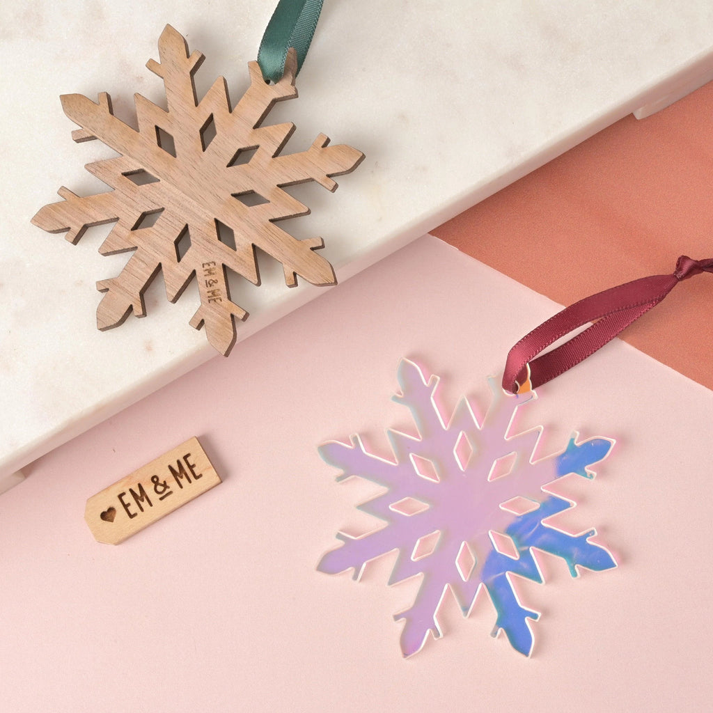 Snowflake Ornament, Clear Holographic Iridescent, Minimal Simple Christmas Decor