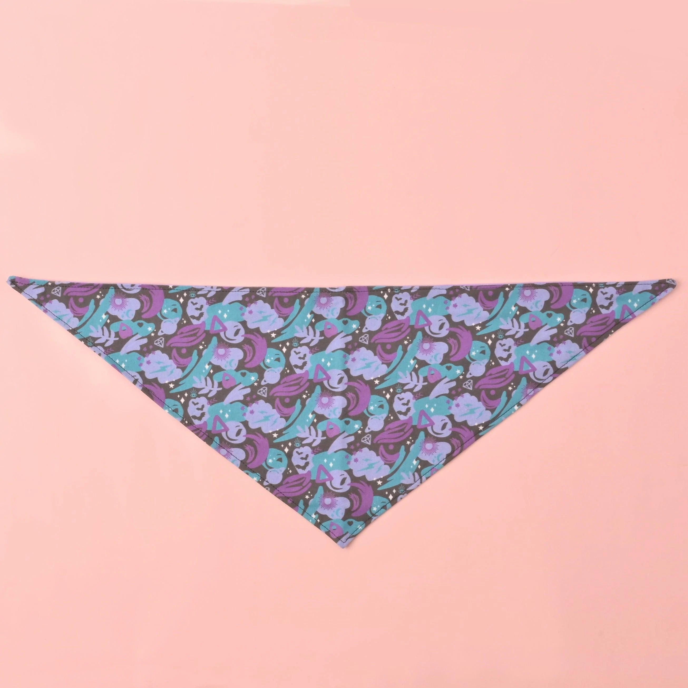 Spooky Magic Pet Bandana, Halloween Style, Cute Witch Dog and Cat Collar Necklace, Lavender, Teal and Black