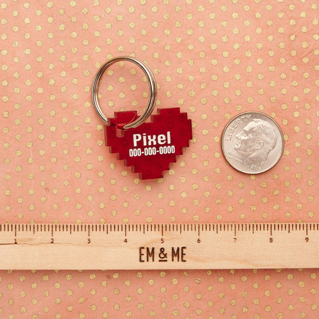 Tiny Gamer Heart, Pixelated Heart, Small Personalized Pet Tag - emandmestudio
